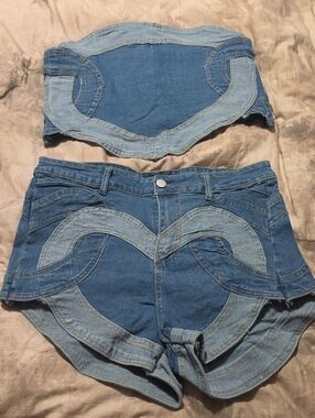 Denim Two-Piece Crop Top & High-Waist Shorts Set in Blue